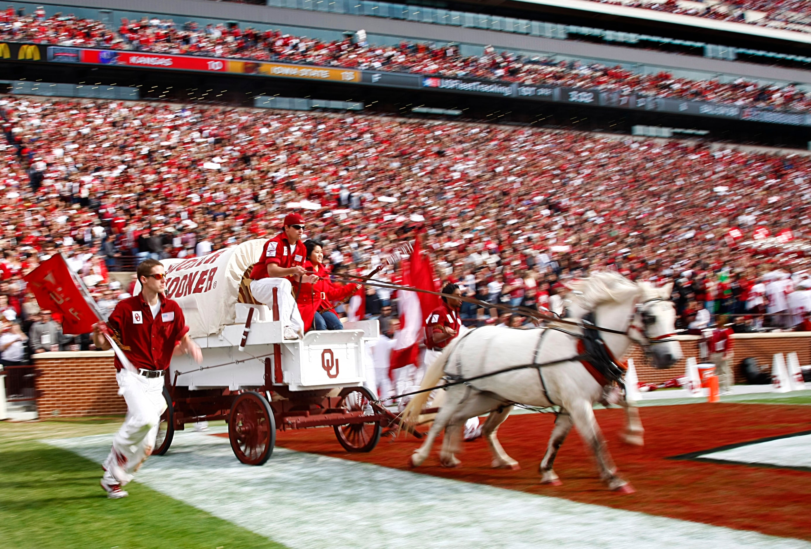 Flanked by Ruf Neks, the Boomer Schooner wagon is pulled by ponies Boomer and Sooner (one is...