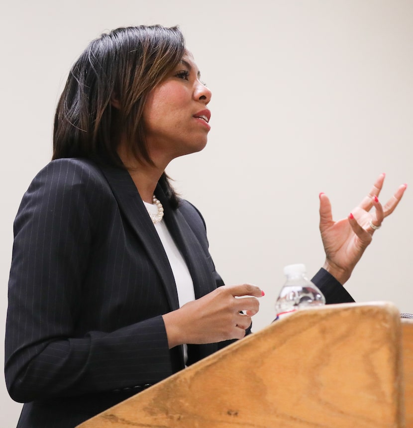 Jane Hamilton, candidate for the District 30 race, speaks at her town hall at the...