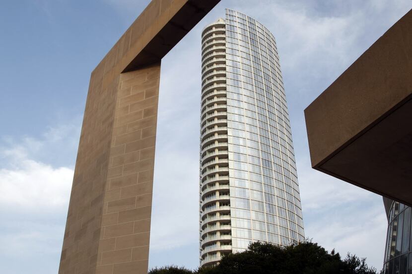 Museum Tower, located at 1918 North Olive Street, in Dallas, Texas, framed by The Meyerson...