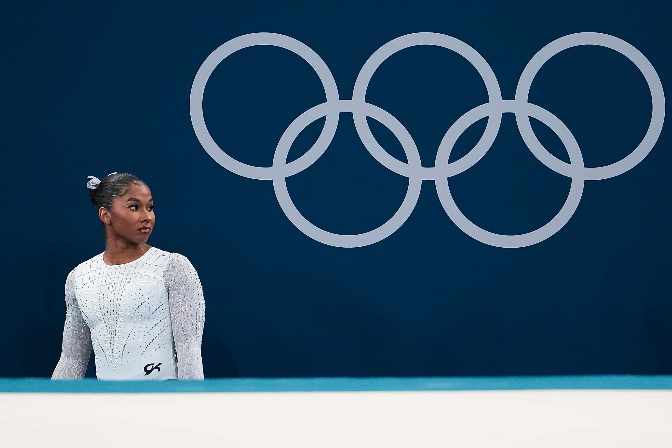 Jordan Chiles of the United States waits to compete during the women’s floor exercise final...