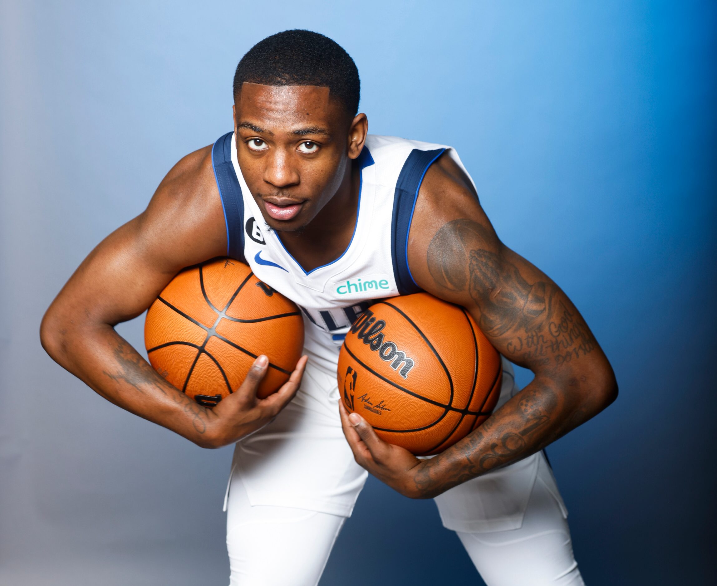 Dallas Mavericks’ McKinley Wright IV is photographed during the media day at American...