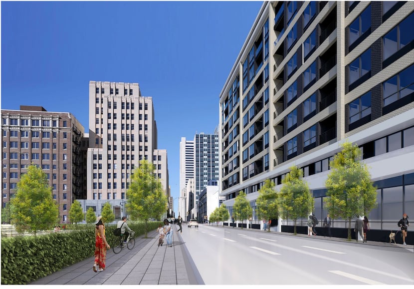 The nine-story apartment building will face a new downtown Dallas Park.