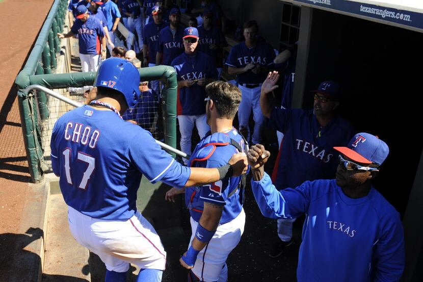 Mar 16, 2014; Surprise, AZ, USA; Texas Rangers designated hitter Shin-Soo Choo (17) is...
