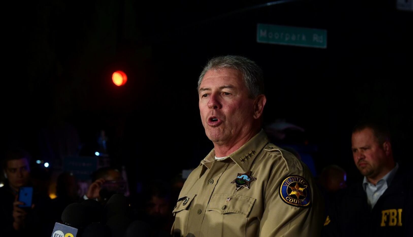 Ventura County Sheriff Geoff Dean briefs reporters after a mass shooting at a bar in...