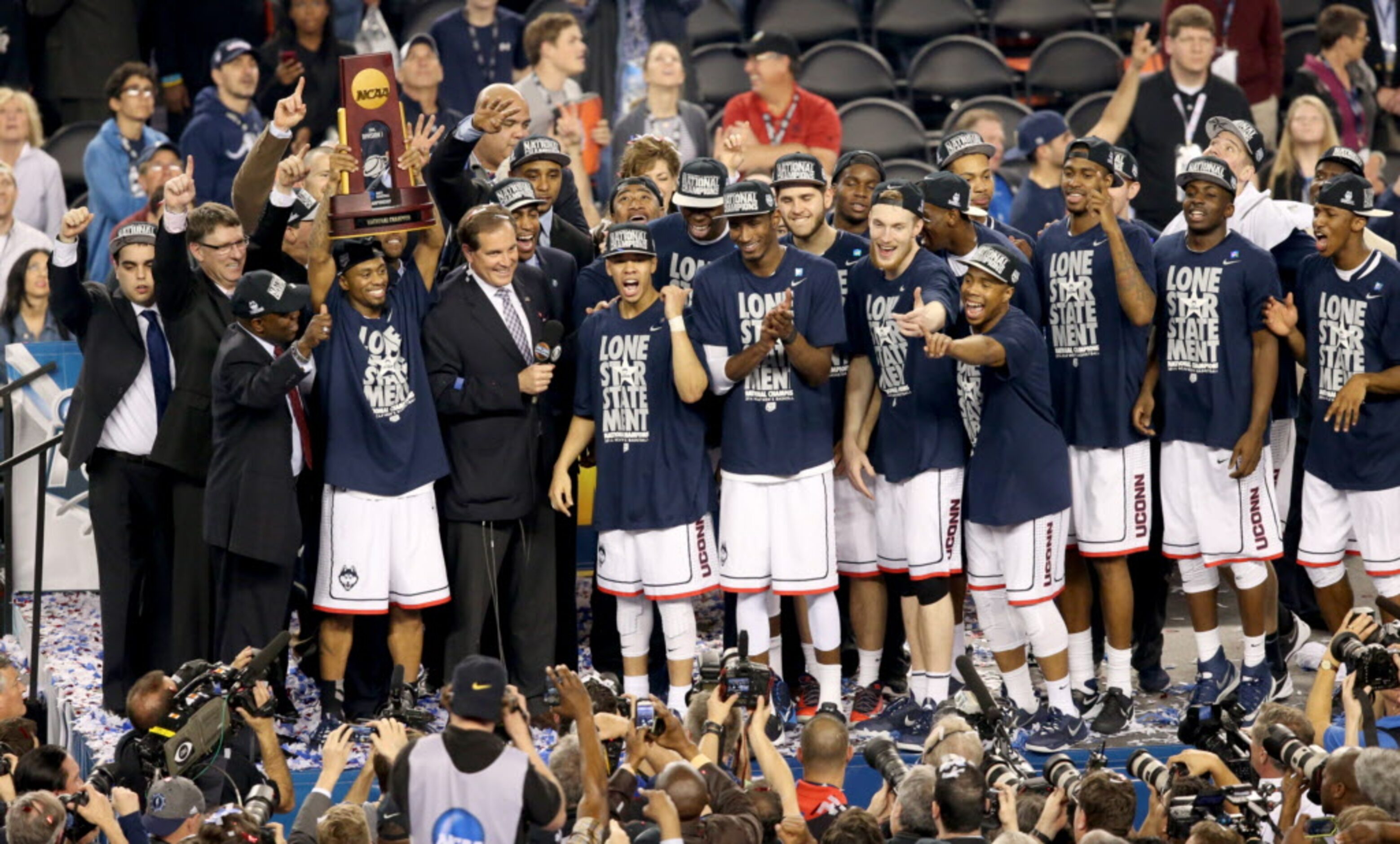 Connecticut Huskies celebrate after winning the NCAA Men's Basketball Championship game...