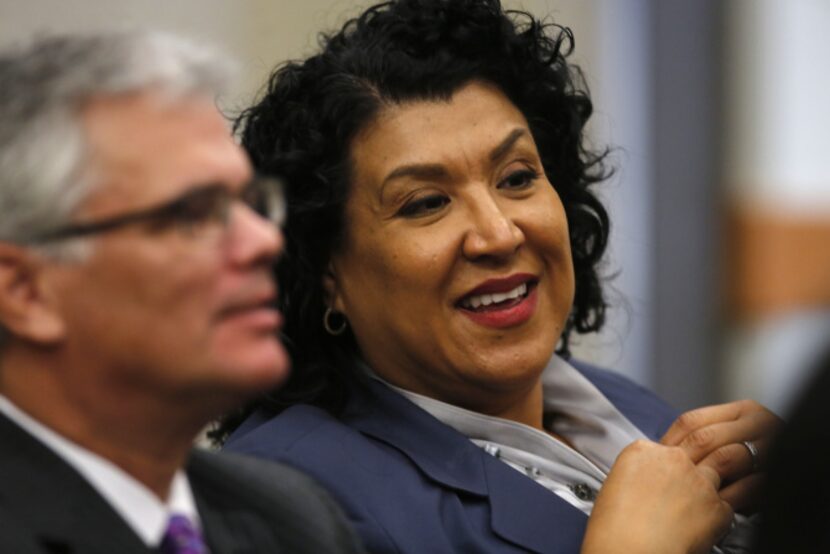 City manager candidate Deanna Santana, with fellow candidate David Cooke at a meeting of the...