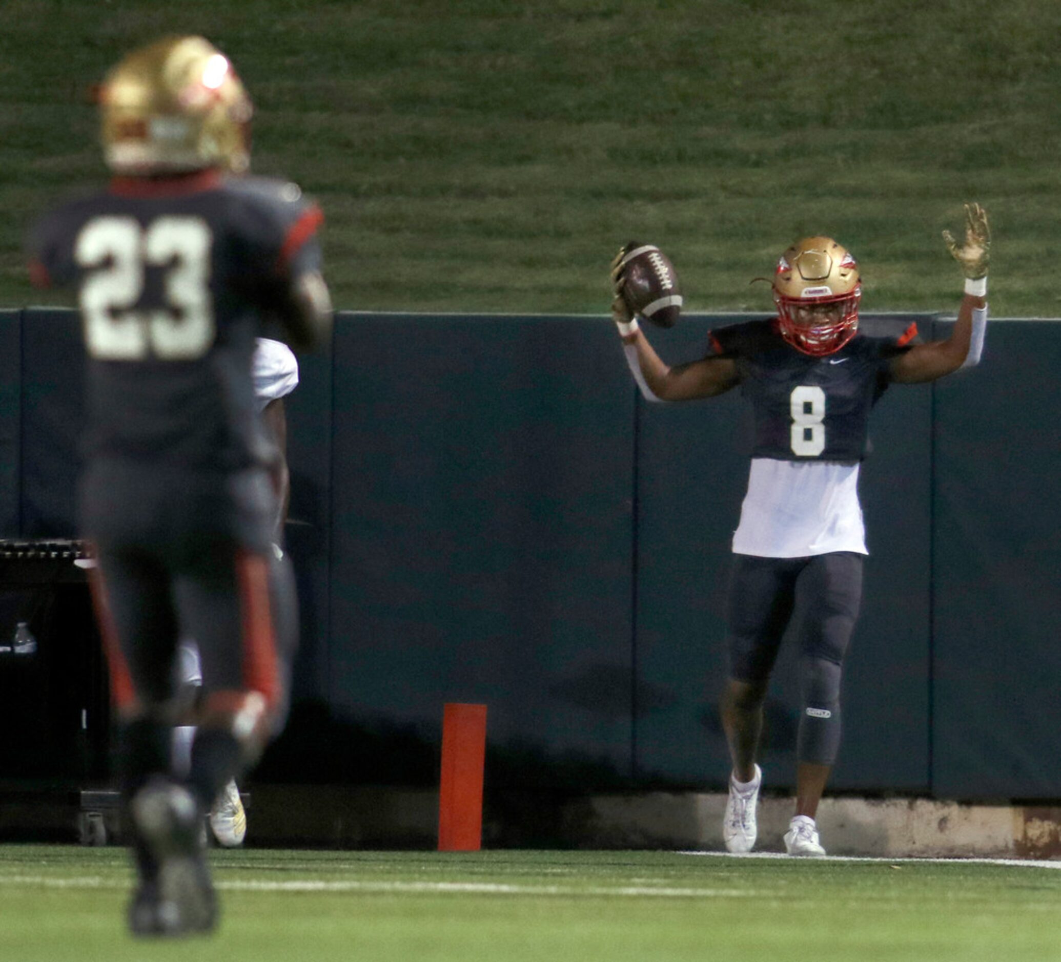 South Grand Prairie receiver Deamikkio Nathan (8) celebrates a receiving touchdown during...