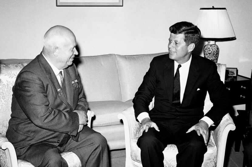Soviet Premier Nikita Khrushchev and President John F. Kennedy talk in the residence of the...