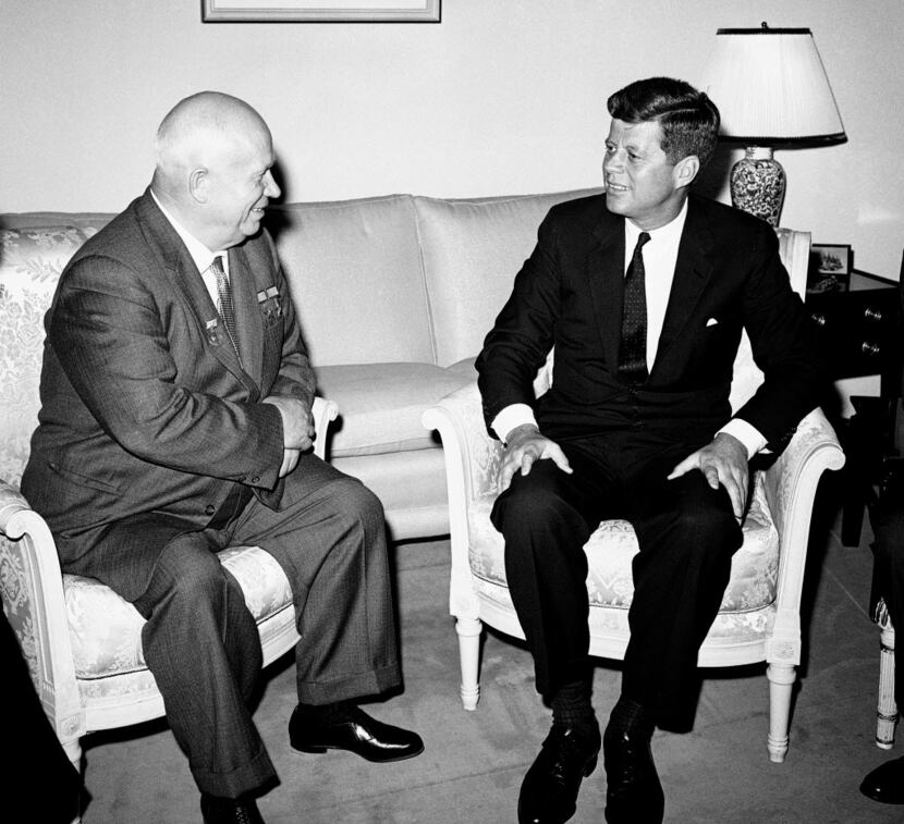 Soviet Premier Nikita Khrushchev and President John F. Kennedy talk in the residence of the...