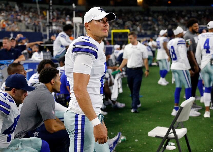 Dallas Cowboys kicker Brett Maher (2) is pictured on the bench during the second half of...