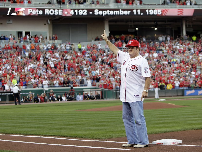 n this Sept. 11, 2010, file photo, former Cincinnati Reds great Pete Rose stands on first...