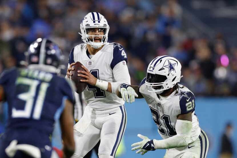 Dallas Cowboys quarterback Dak Prescott (4) looks to pass the ball during the first half of...