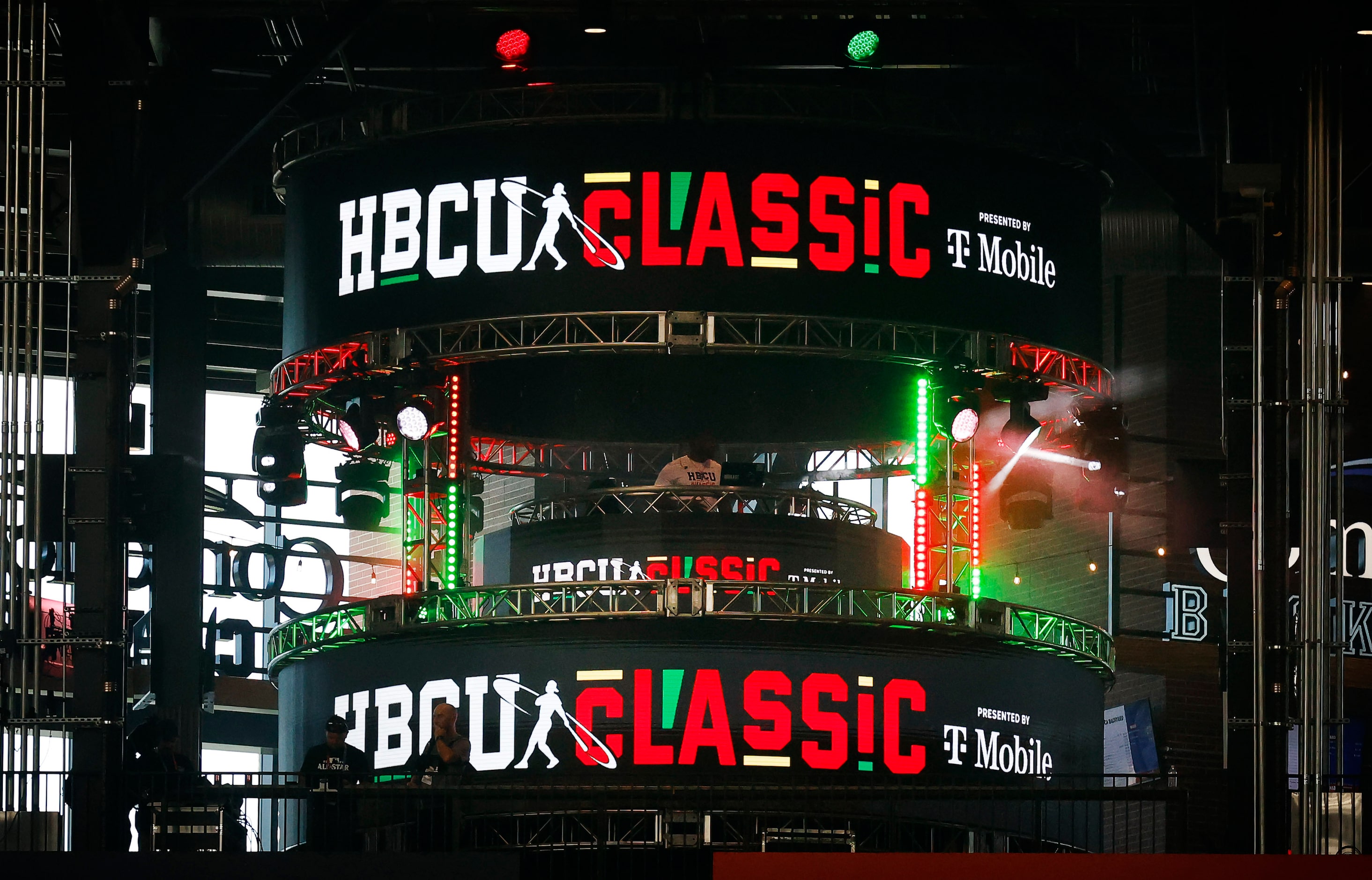 A DJ sets up in centerfield for the HBCU Swingman Classic baseball game at Globe Life Field...