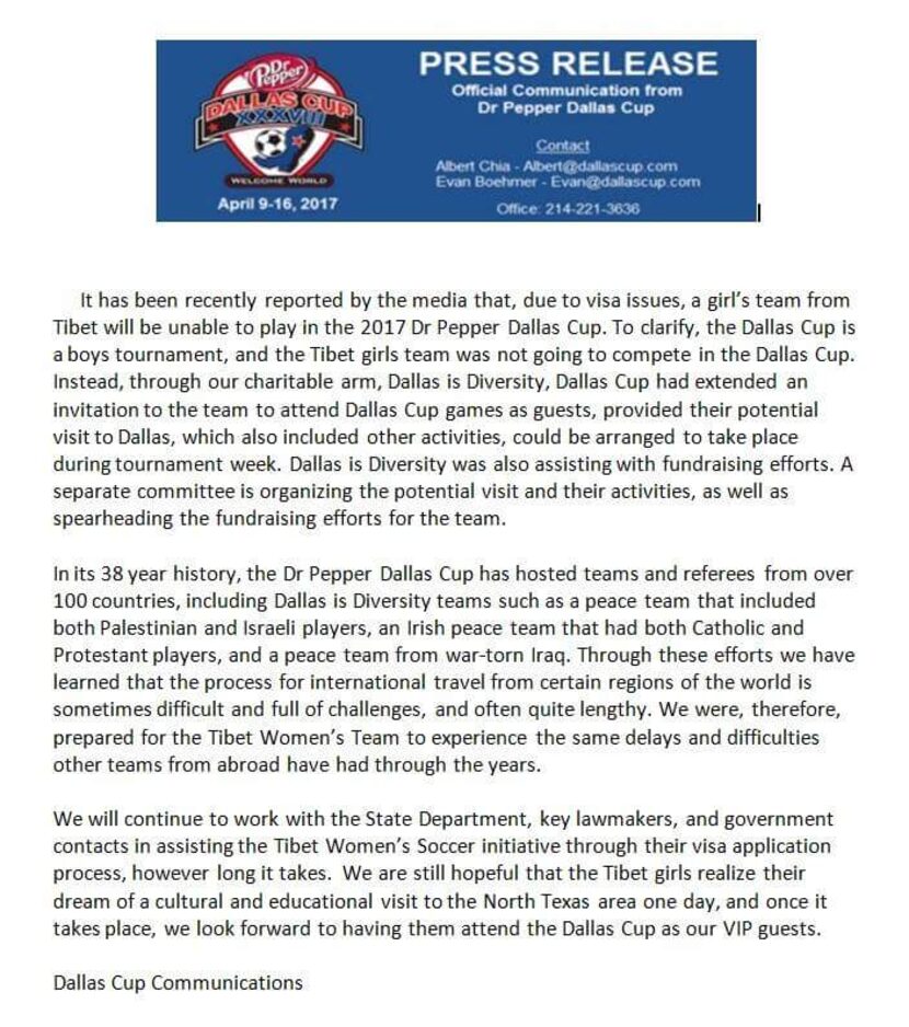 Dallas Cup statement on girls team from Tibet.