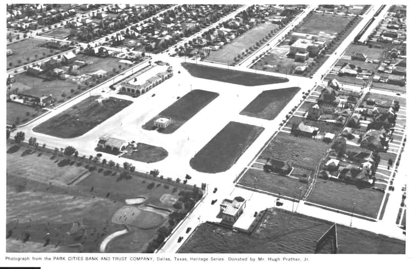 An early aerial view of Highland Park Village. The small building in the middle of the...
