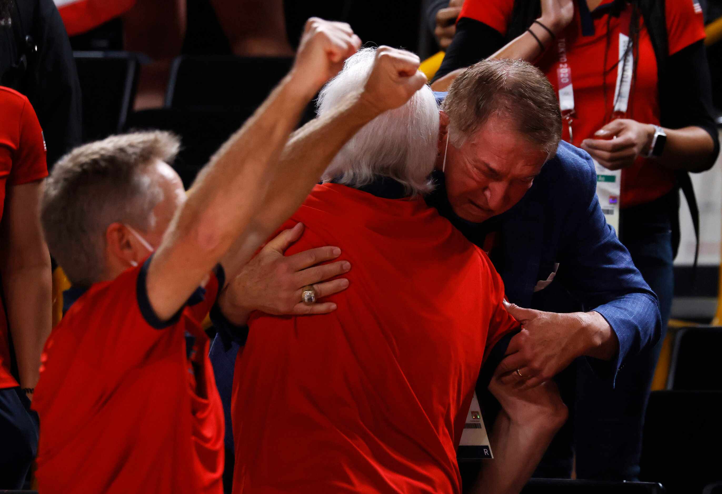 USA’s head coach Gregg Popovich hugs USA basketball managing director Jerry Colangelo after...