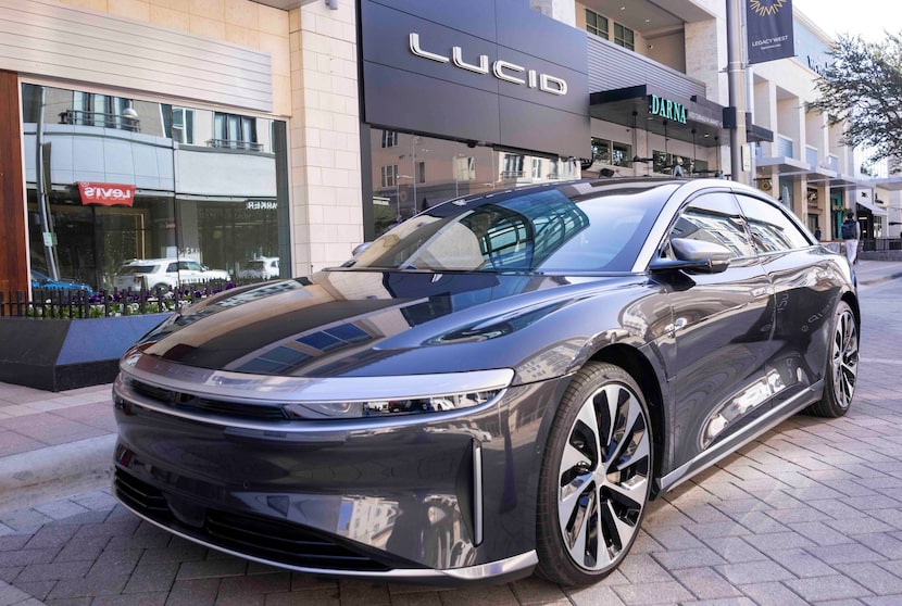 A Lucid Air parked outside the company's studio at Legacy West in Plano.