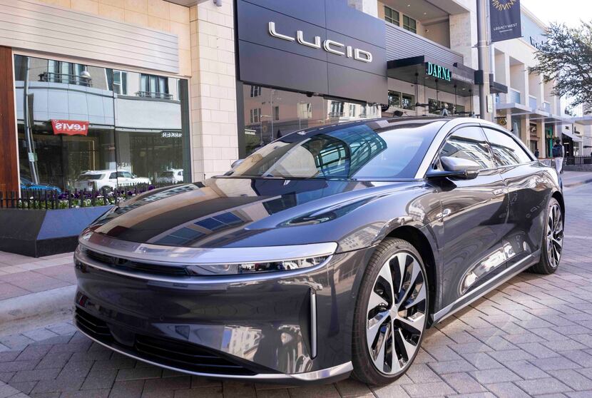 A Lucid Air parked outside the company's studio at Legacy West in Plano.