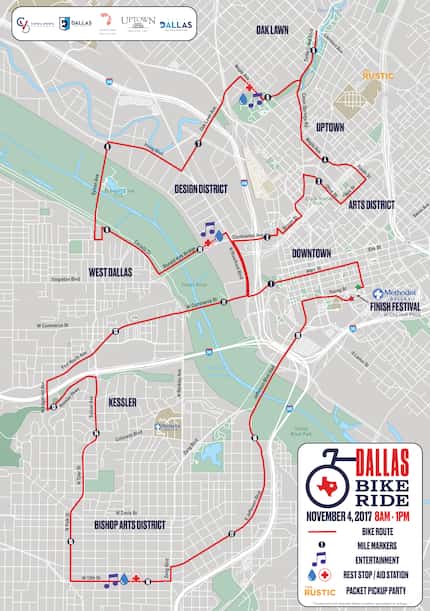 The course for the first Dallas Bike Ride traverses 20 closed city streets, showcasing many...