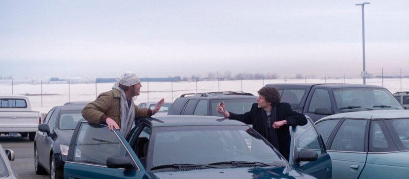 Jason Segel, left, as David Foster Wallace, and Jesse Eisenberg, as David Lipsky, in "The...