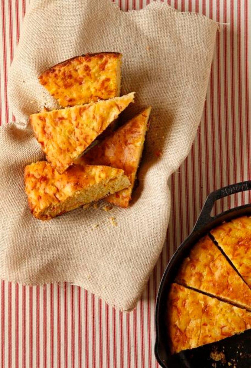 Cornbread prepared in cast iron, such as Paula’s Cheesy Cornbread, has a nice, crusty exterior.