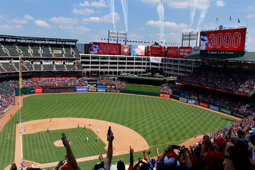 Texas Rangers Adrian Beltre (29) reaches second for his 3,000th career hit, a double off of...