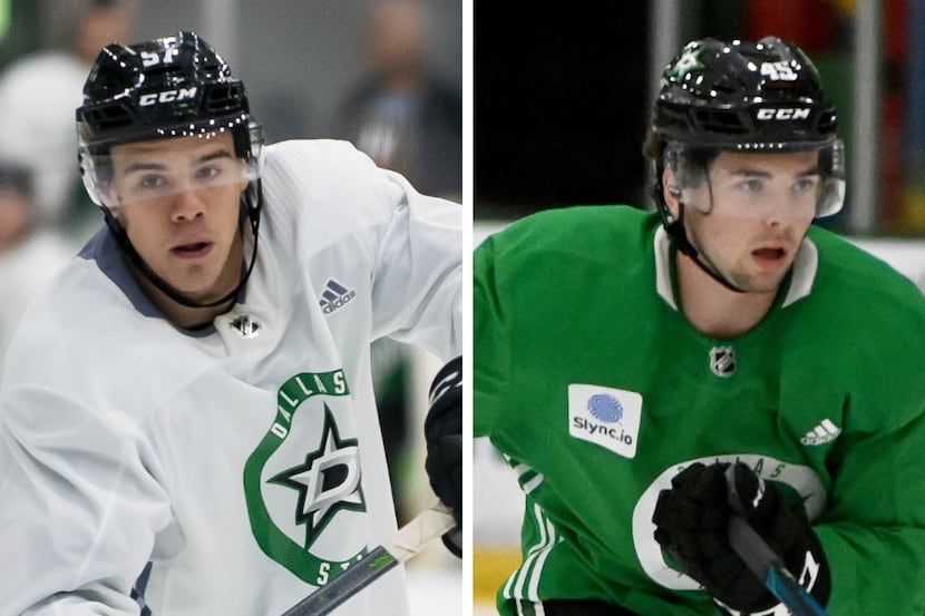 (From left to right) Forwards Logan Stankoven and Mavrik Bourque, two of the Dallas Stars'...