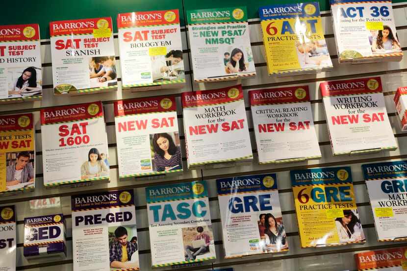 
Barron’s guides to college testing are displayed at BookExpo America in New York....