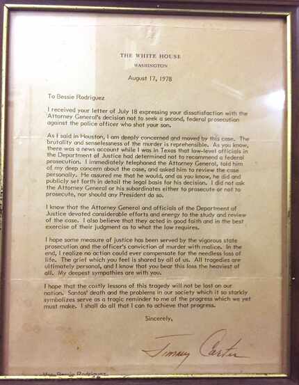 Bessie Rodriguez framed this 1978 letter from President Jimmy Carter concerning her son's...