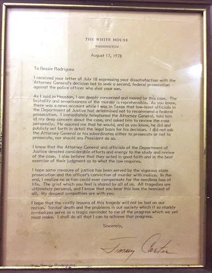 Bessie Rodriguez framed this 1978 letter from President Jimmy Carter concerning her son's...