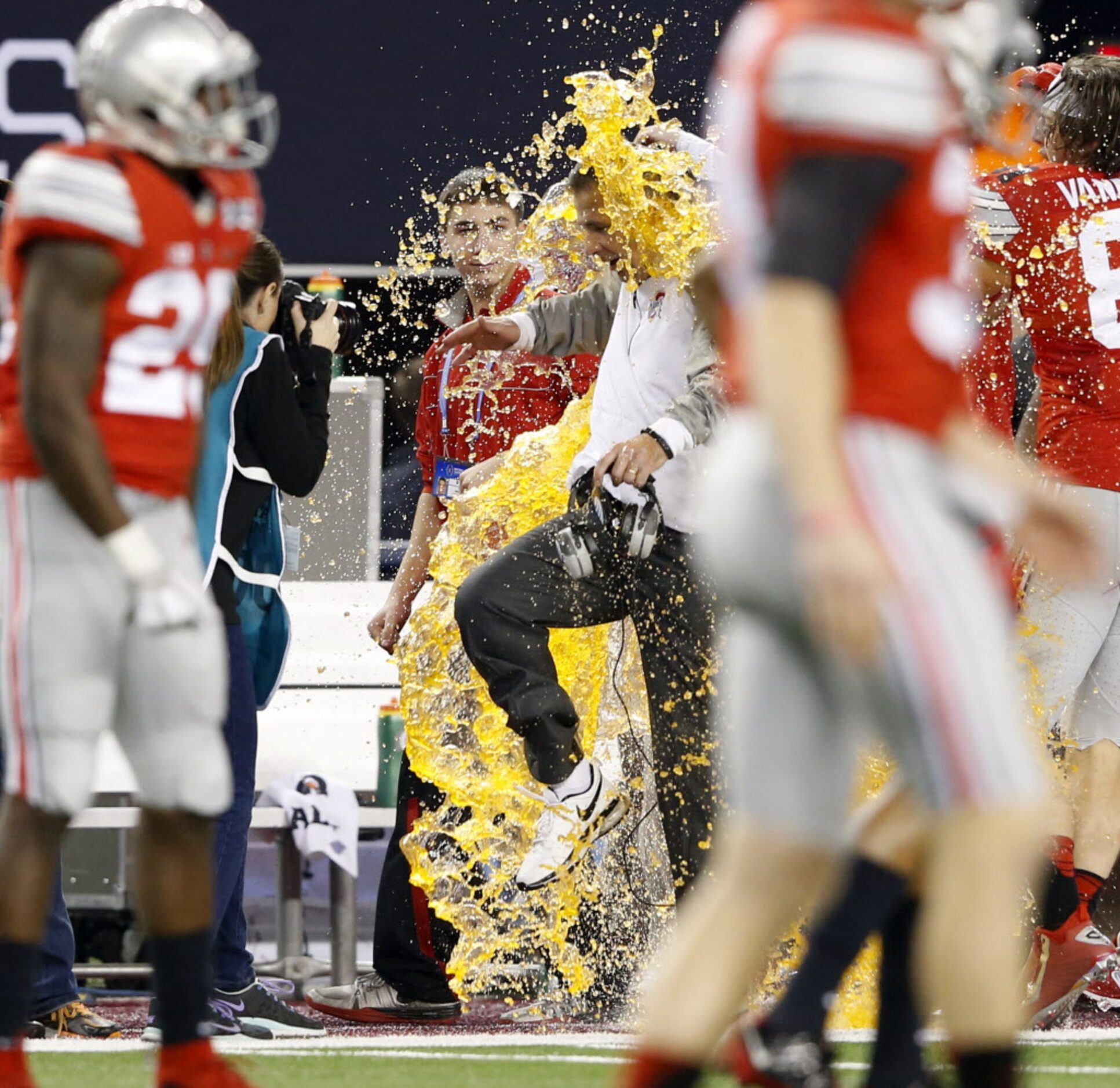 Ohio State Buckeyes head coach Urban Meyer is dunked by gatorade during the second half of...