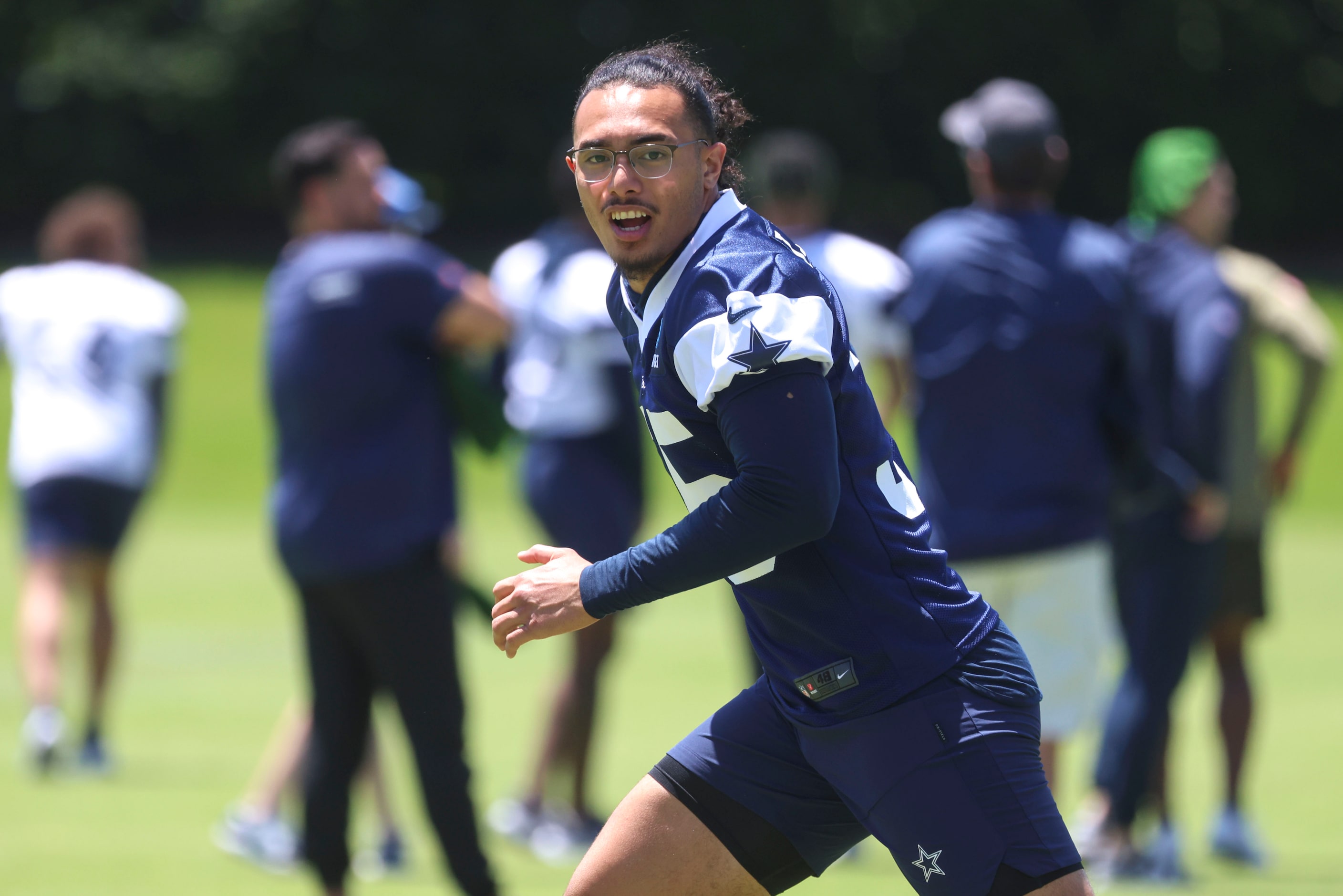 Dallas Cowboys linebacker Marist Liufau take part in a rookie minicamp, on Friday, May 10,...