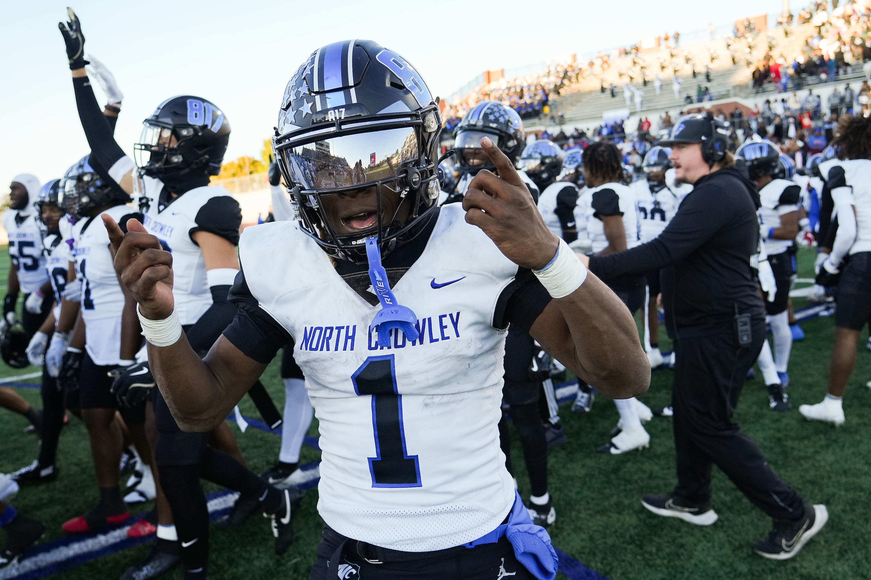 North Crowley running back Cornelius Warren  celebrates after a victory over Coppell in a...