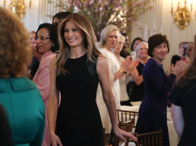 First lady Melania Trump arrives at a luncheon she was hosting to mark International Women's...