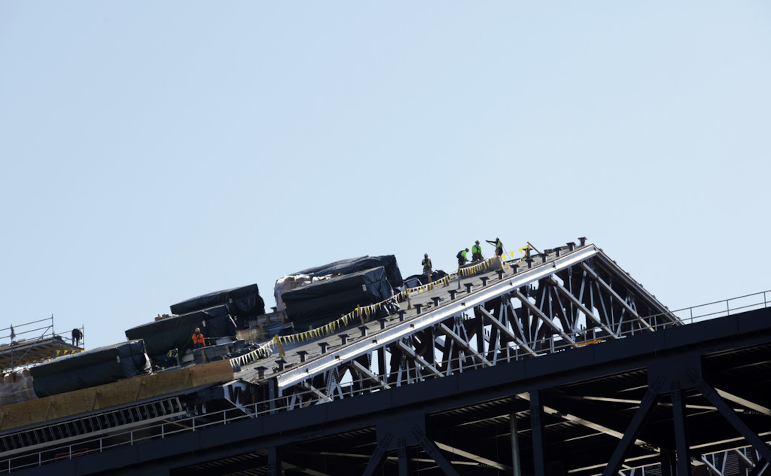 Workers continue construction at Globe Life field in Arlington, TX, on Dec. 18, 2019. (Jason...