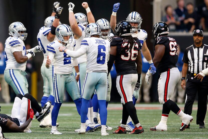 Dallas Cowboys kicker Brett Maher (2) celebrates with Dallas Cowboys punter Chris Jones (6)...
