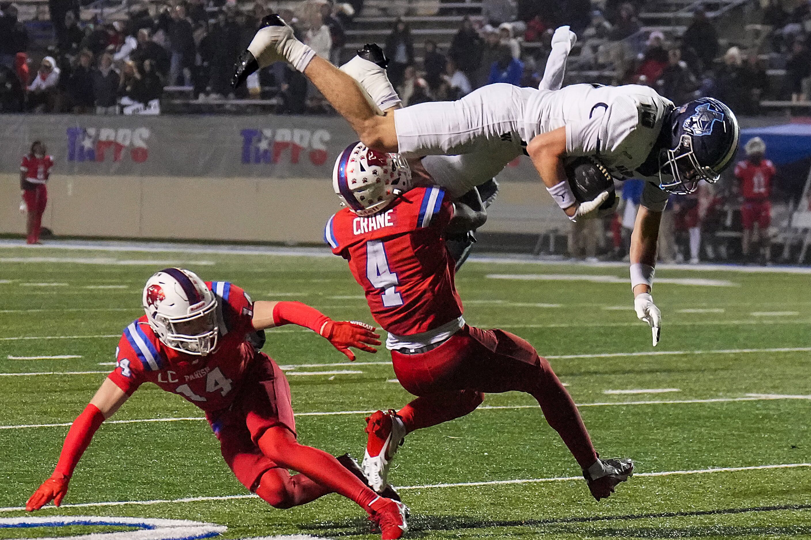 Argyle Liberty Christian wide receiver Brady Janusek (10) tries to hurdle Parish Episcopal...