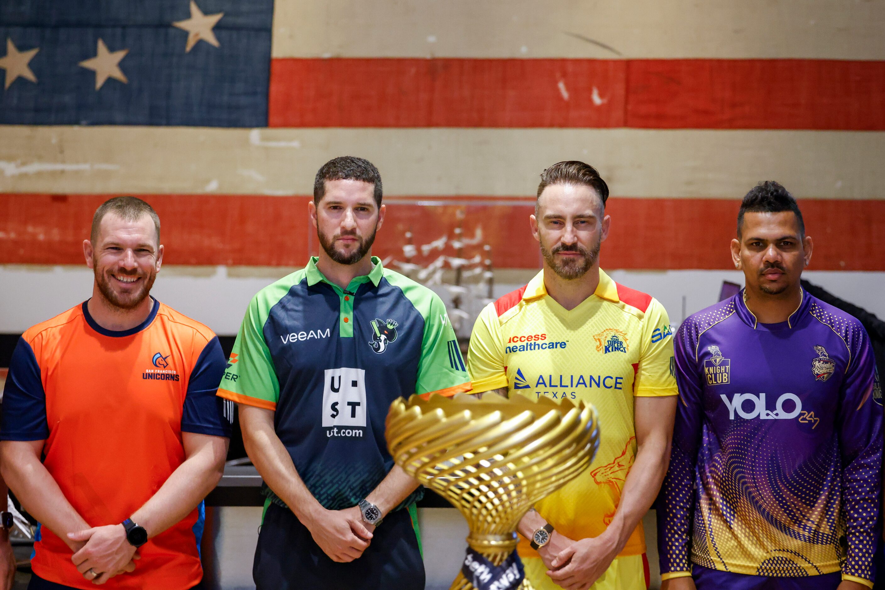 From left, San Francisco Unicorns captain Aaron Finch, Seattle Orcas captain Wayne Parnell,...