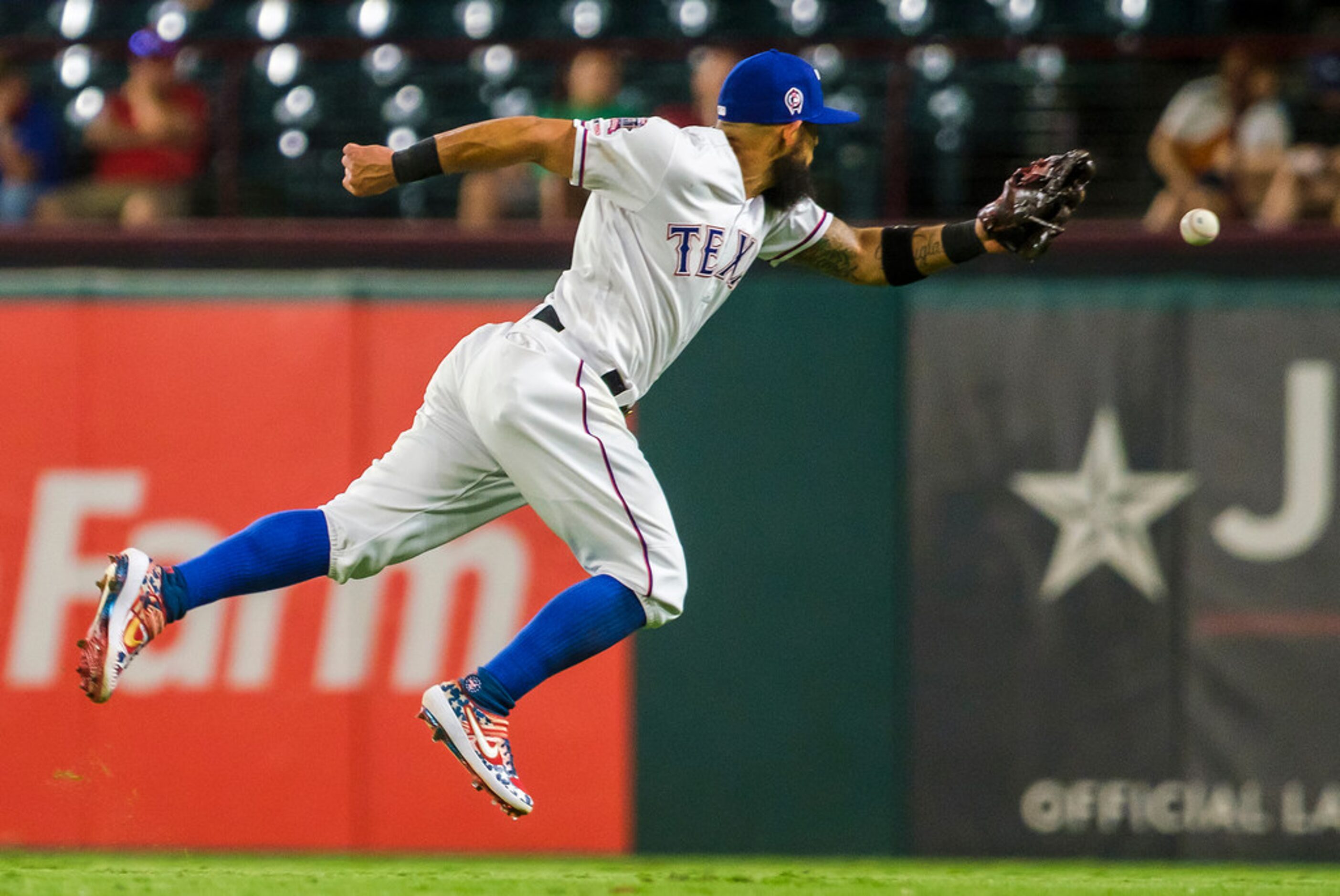 Texas Rangers second baseman Rougned Odor canÃt get to a single off the bat of Tampa Bay...