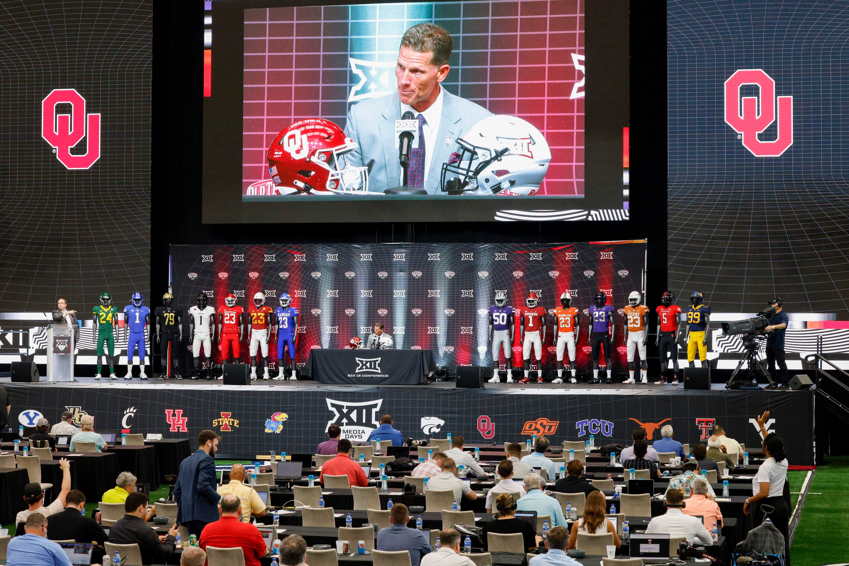 Oklahoma head coach Brent Venables speaks during the Big 12 Media Days at AT&T Stadium,...