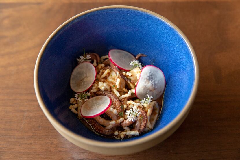 Embered Monterey squid with smoked chile, puffed rice and radishes