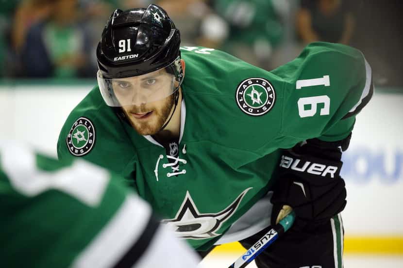 Dallas Stars center Tyler Seguin (91) returned to the ice since his achilles injury as he...