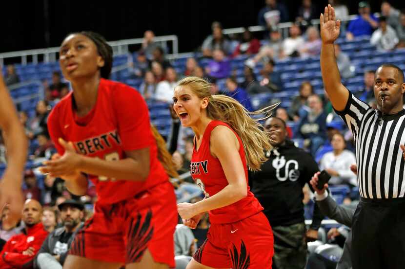 Frisco Liberty guard Lily Ziemkiewicz #3 reacts after hitting game winning three in a 5A...