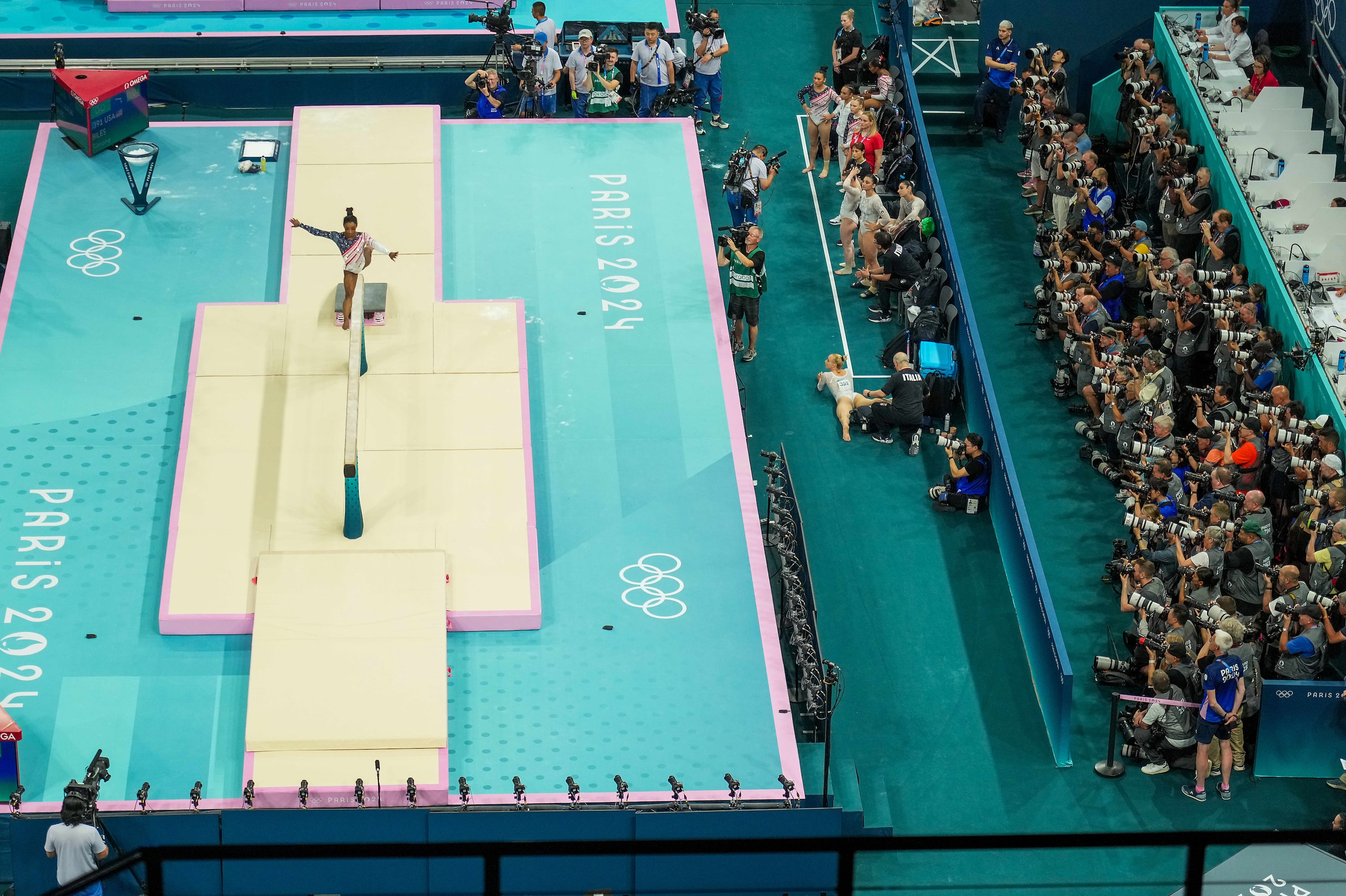 Simone Biles of the United States competes on the balance beam during the women’s gymnastics...