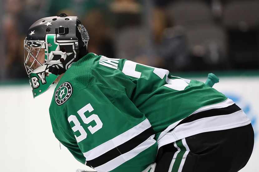 DALLAS, TX - OCTOBER 13:  Anton Khudobin #35 of the Dallas Stars in goal against the Anaheim...