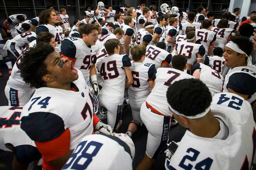 Allen defensive lineman Willis Williams (74) lets out a yell as the team breaks their huddle...
