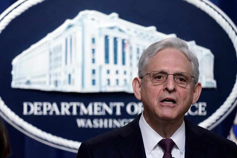 Attorney General Merrick Garland speaks during a news conference at the Justice Department...