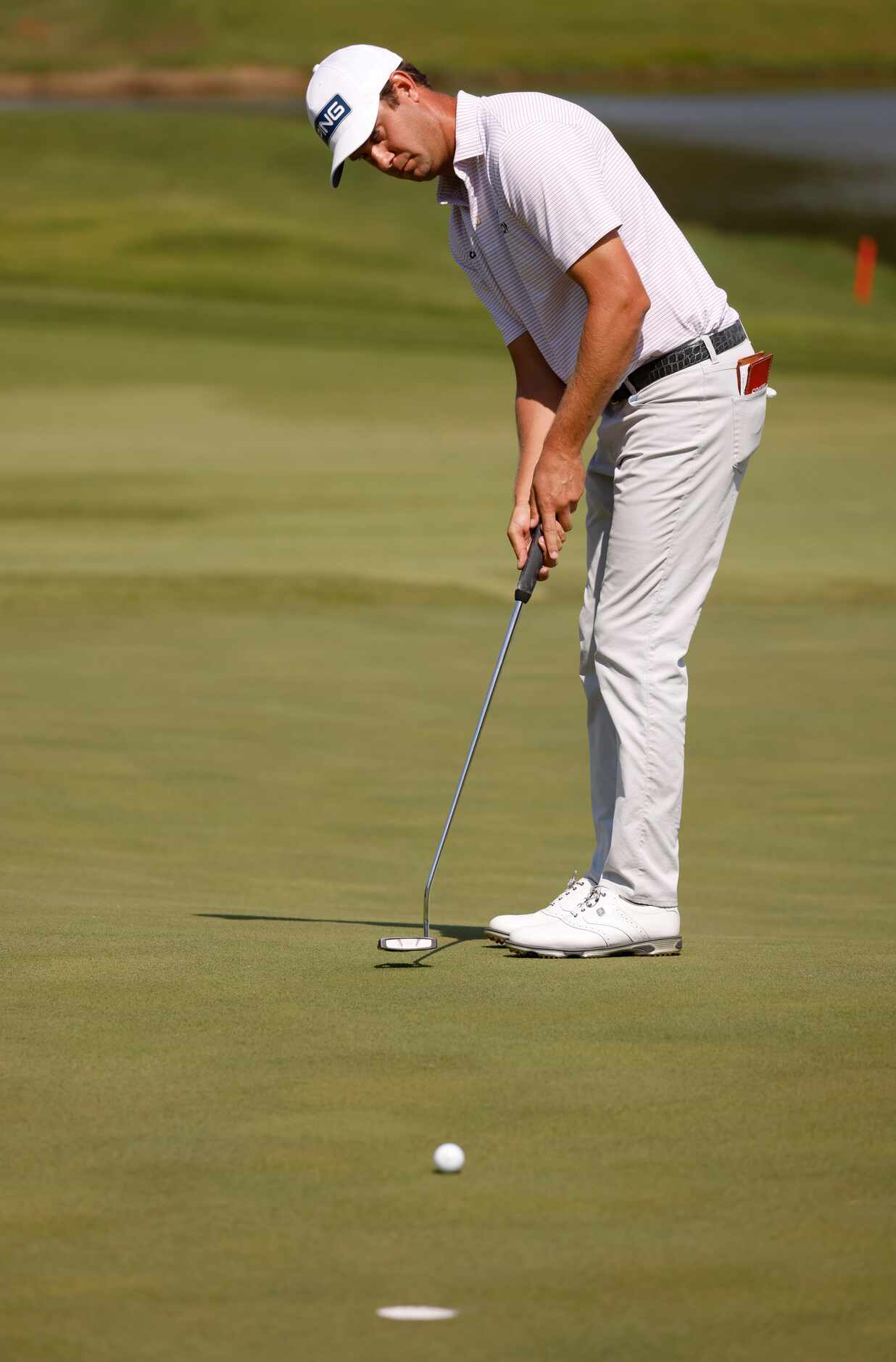 Harris English putts on the 14th hole during round 3 of the AT&T Byron Nelson  at TPC Craig...