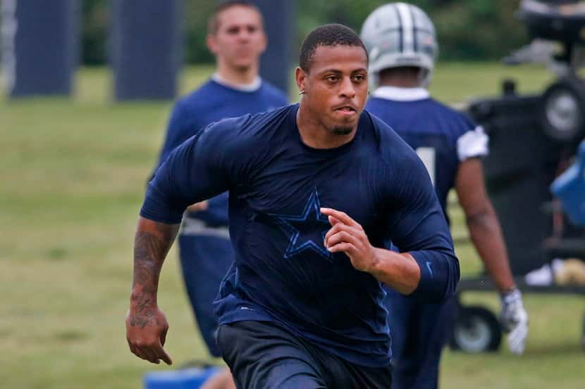 Dallas Cowboys defensive lineman Greg Hardy is pictured working out during the Dallas...