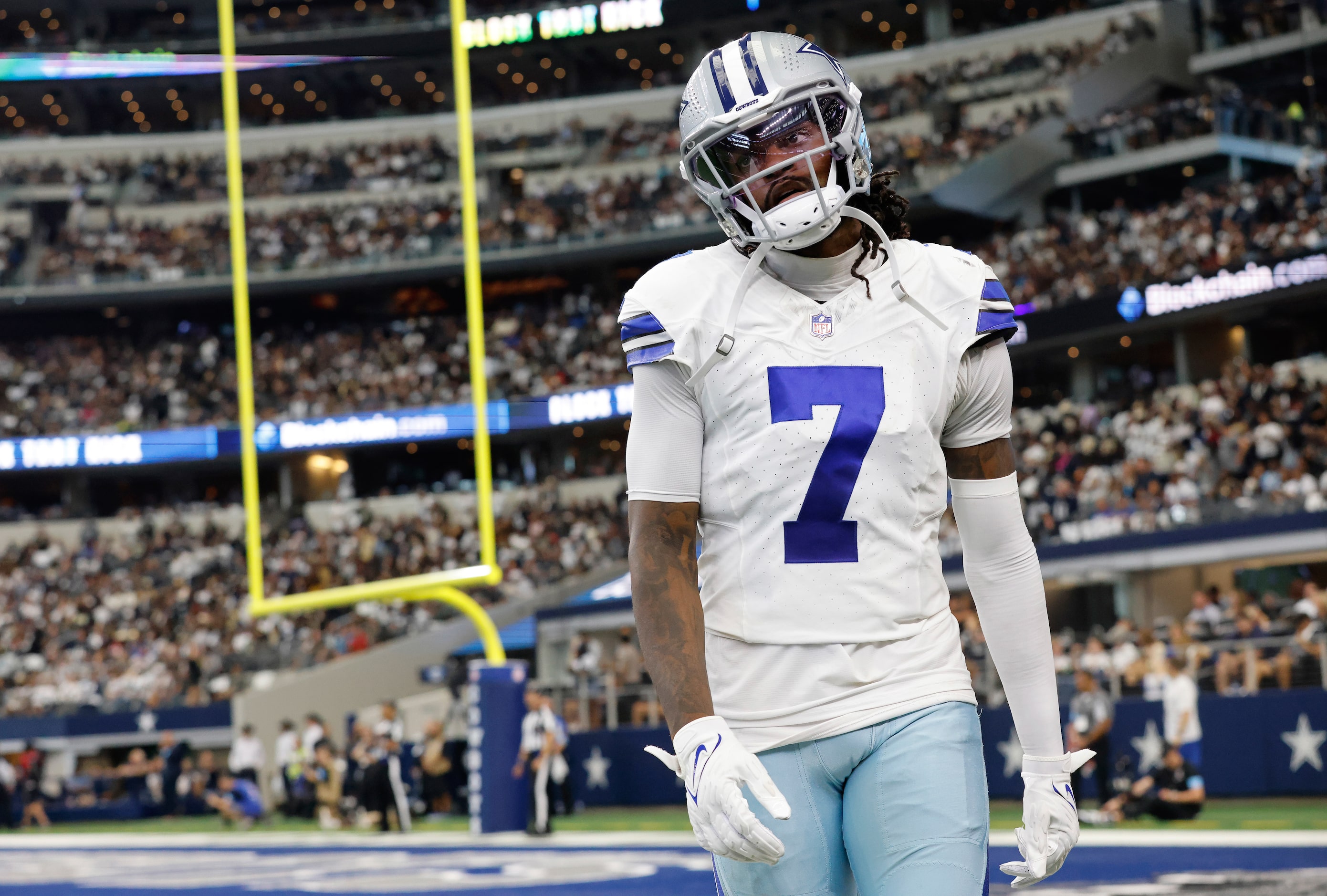 Dallas Cowboys cornerback Trevon Diggs (7) walks back to the sideline after the New Orleans...